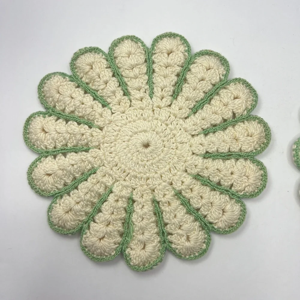 Handmade Crochet Daisy Coasters Set of 2 Vintage Floral Retro Boho Grandma Green